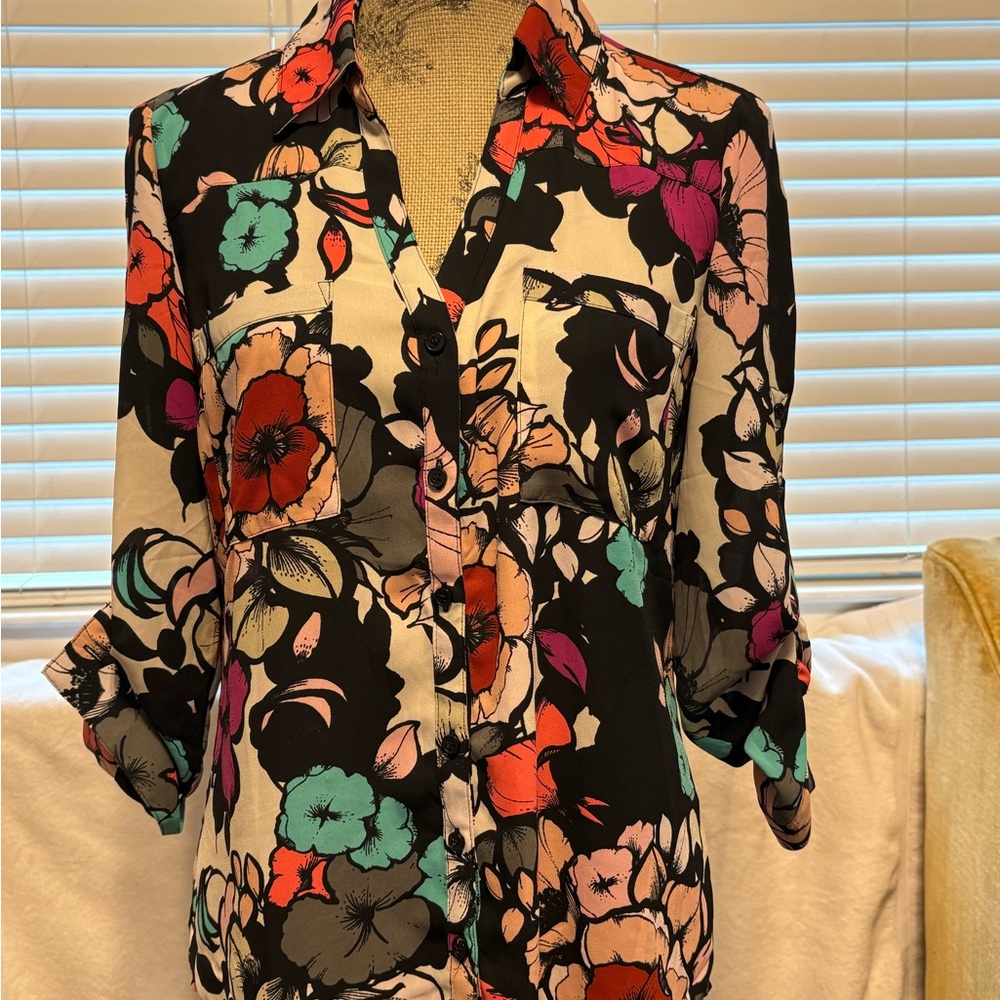 Express Red and Pink Button Down Blouse with Notched Collar